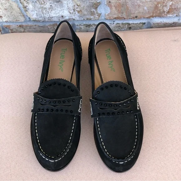 True Ivy Leather Black Ally Nubuck Studds Details Penny Slip On Loafer 8M - Picture 3 of 15